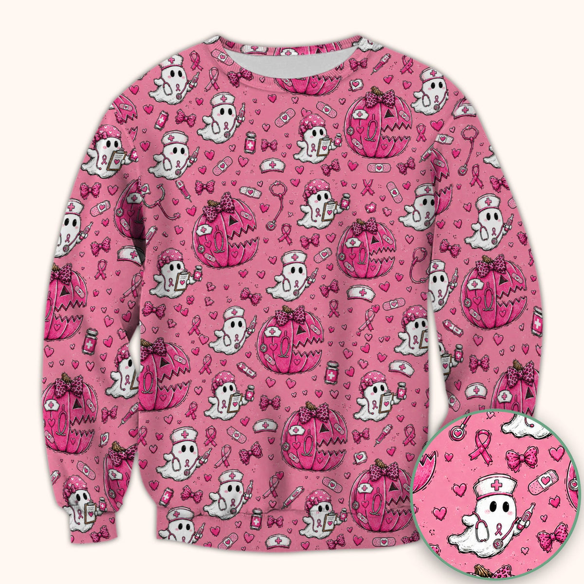 Pink Ribbon Ghost Pattern Scrub Top, Comfortable Scrubs for Nurses