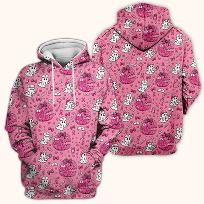 Pink Ribbon Ghost Pattern Scrub Top, Comfortable Scrubs for Nurses