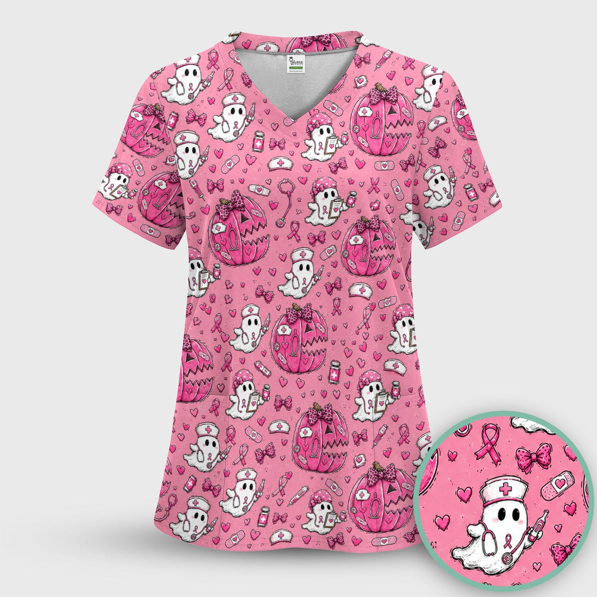 Pink Ribbon Ghost Pattern Scrub Top, Comfortable Scrubs for Nurses