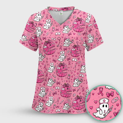 Pink Ribbon Ghost Pattern Scrub Top, Comfortable Scrubs for Nurses