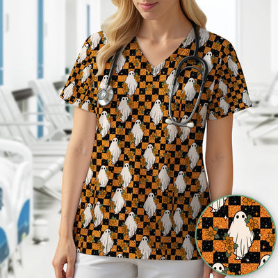 Spooky Halloween Ghost Checkerboard Scrub Top, Comfortable Scrubs for Nurses