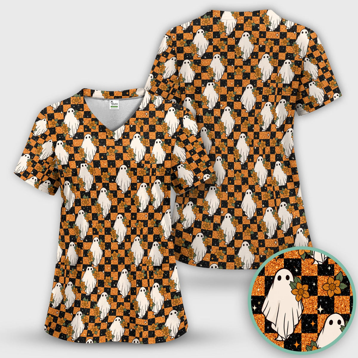 Spooky Halloween Ghost Checkerboard Scrub Top, Comfortable Scrubs for Nurses