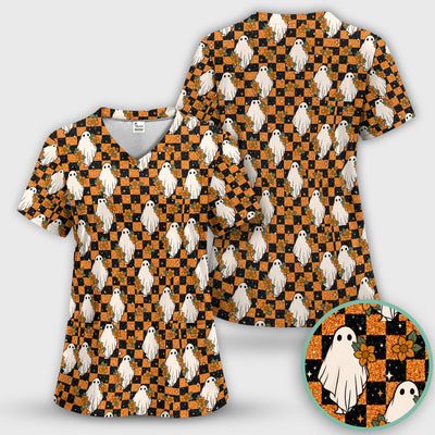 Spooky Halloween Ghost Checkerboard Scrub Top, Comfortable Scrubs for Nurses