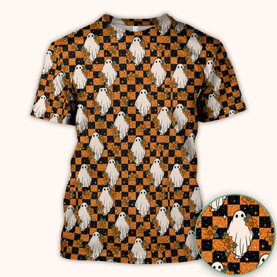Spooky Halloween Ghost Checkerboard Scrub Top, Comfortable Scrubs for Nurses