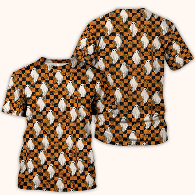 Spooky Halloween Ghost Checkerboard Scrub Top, Comfortable Scrubs for Nurses