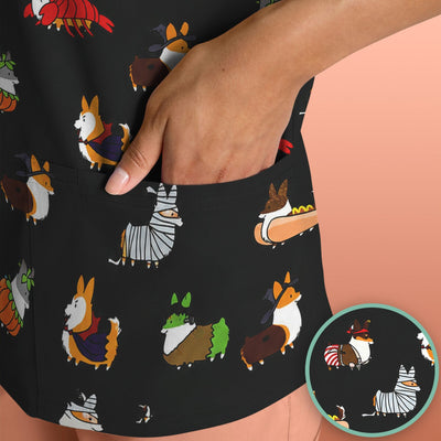 Cute Halloween Costume Corgis Scrub Top, Comfortable Scrubs for Nurses