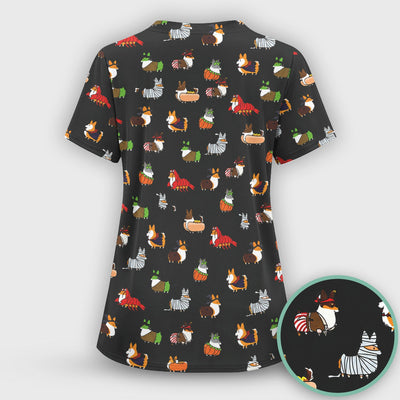 Cute Halloween Costume Corgis Scrub Top, Comfortable Scrubs for Nurses
