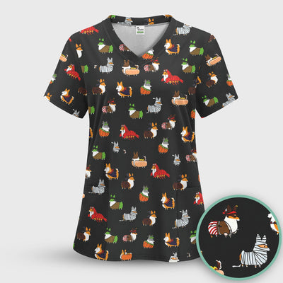 Cute Halloween Costume Corgis Scrub Top, Comfortable Scrubs for Nurses