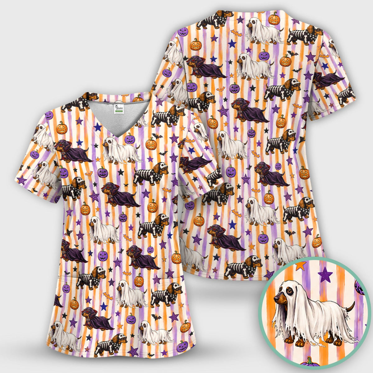 Halloween Dachshund Stripe Pattern Scrub Top, Comfortable Scrubs for Nurses
