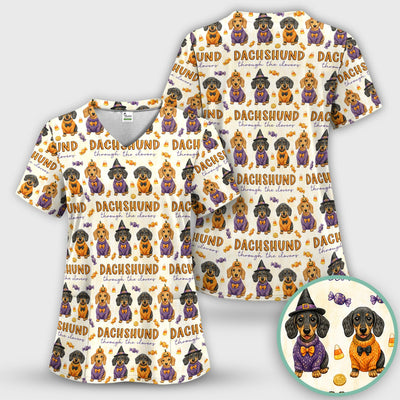 Candy Dachshund Pattern Scrub Top, Comfortable Scrubs for Nurses