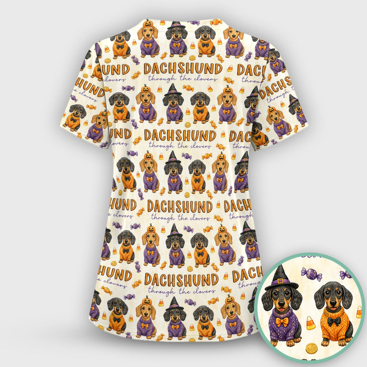 Candy Dachshund Pattern Scrub Top, Comfortable Scrubs for Nurses