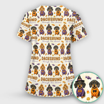 Candy Dachshund Pattern Scrub Top, Comfortable Scrubs for Nurses