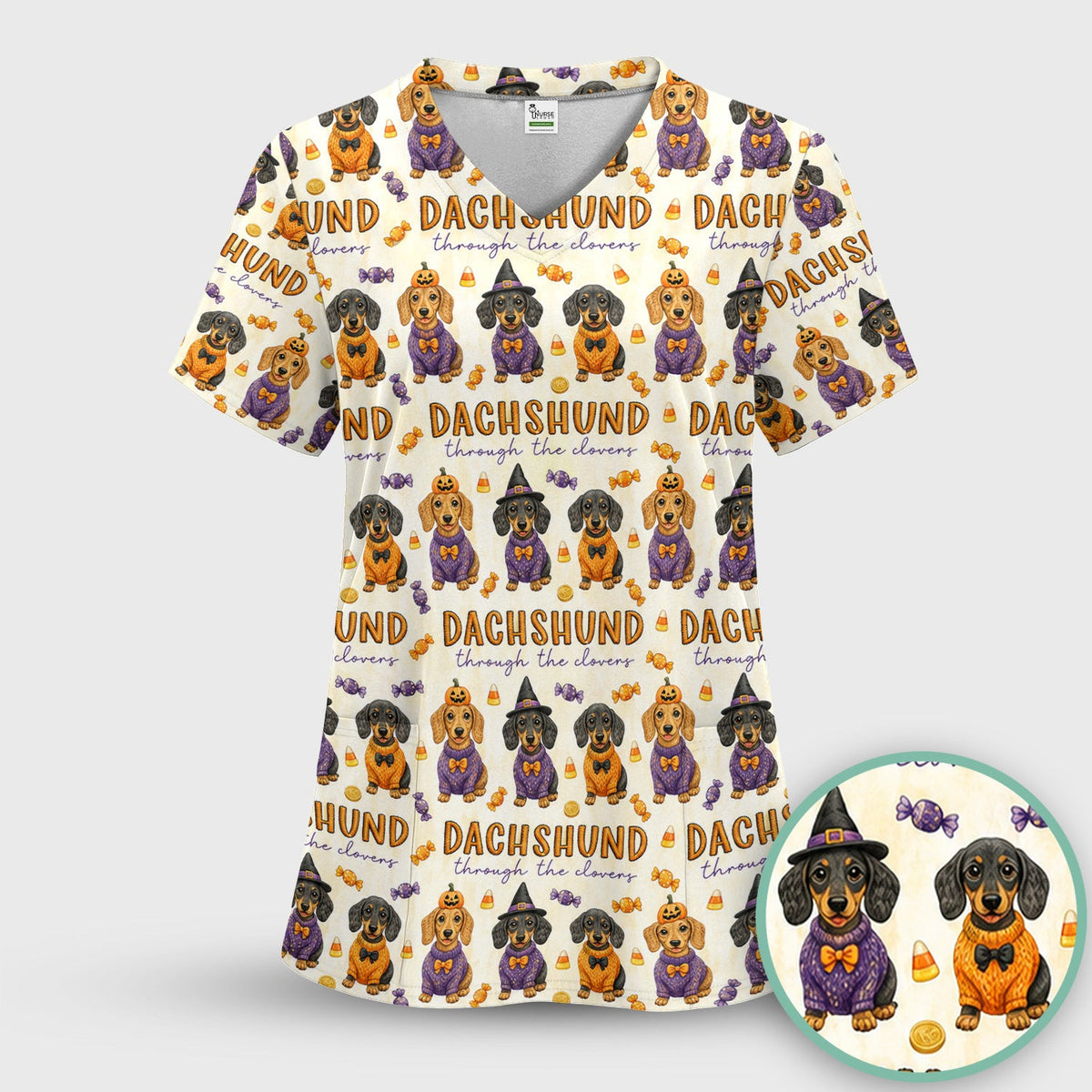 Candy Dachshund Pattern Scrub Top, Comfortable Scrubs for Nurses