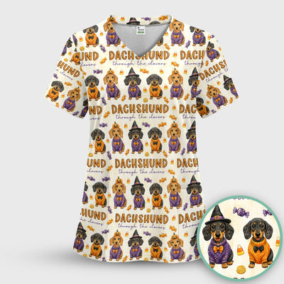 Candy Dachshund Pattern Scrub Top, Comfortable Scrubs for Nurses