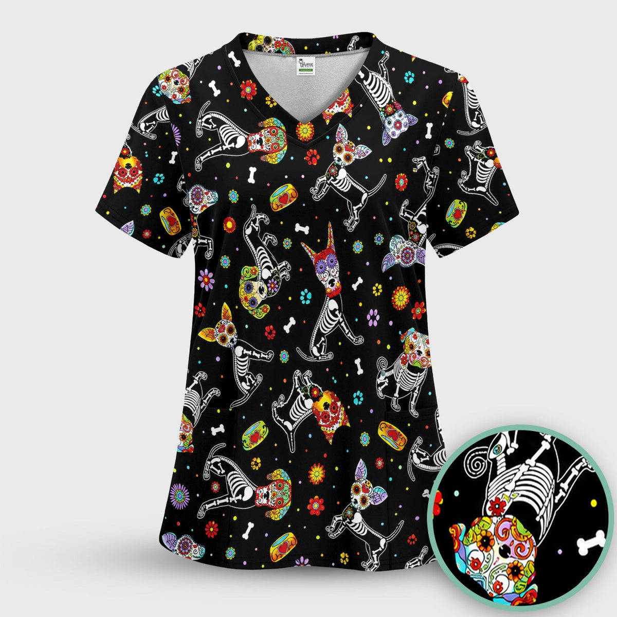 Colorful Day Of The Dead Dogs Scrub Top, Comfortable Scrubs for Nurses