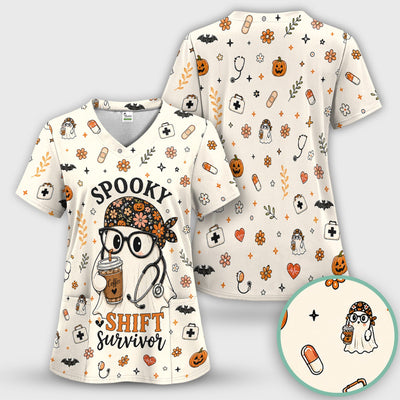 Halloween Shift Survivor Ghost Scrub Top, Comfortable Scrubs for Nurses