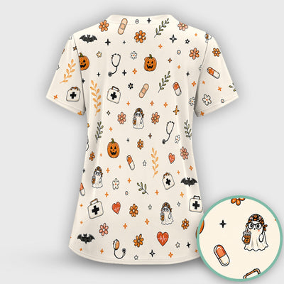 Halloween Shift Survivor Ghost Scrub Top, Comfortable Scrubs for Nurses