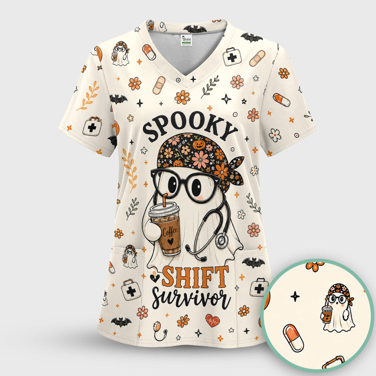 Halloween Shift Survivor Ghost Scrub Top, Comfortable Scrubs for Nurses