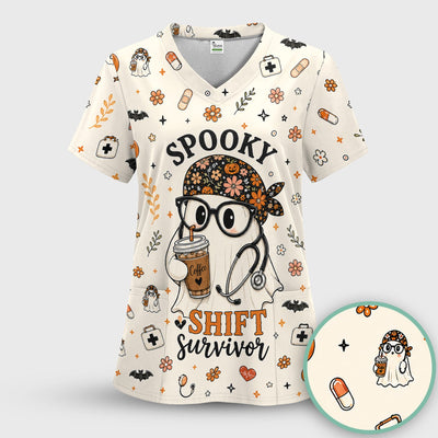Halloween Shift Survivor Ghost Scrub Top, Comfortable Scrubs for Nurses