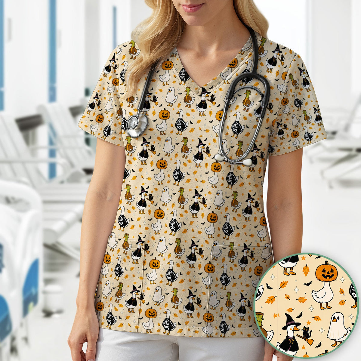 Spooky Halloween Goose Scrub Top, Comfortable Scrubs for Nurses