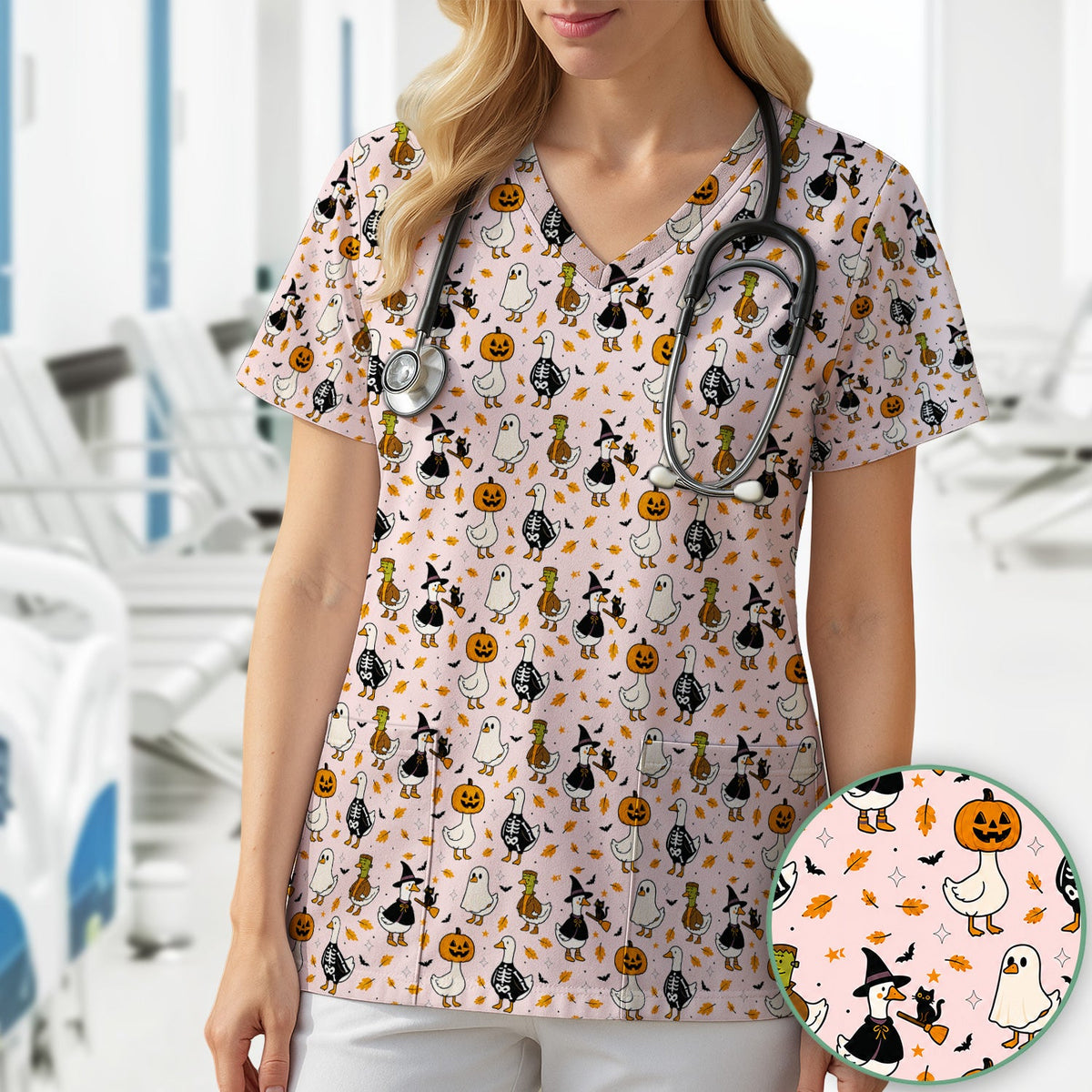 Spooky Halloween Goose Scrub Top, Comfortable Scrubs for Nurses