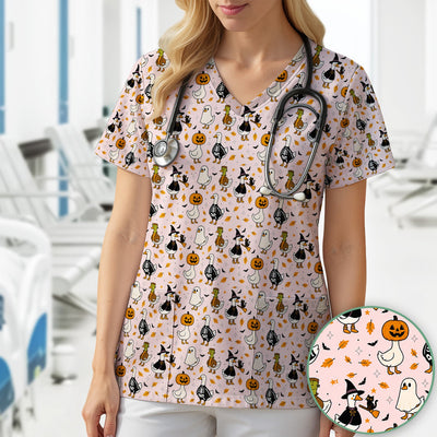 Spooky Halloween Goose Scrub Top, Comfortable Scrubs for Nurses