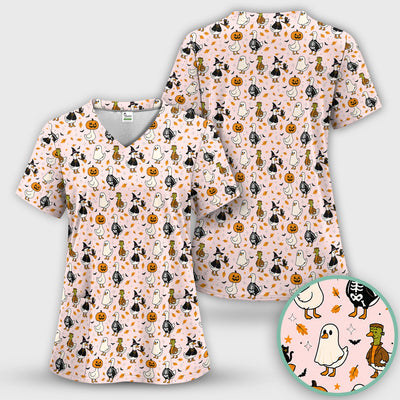 Spooky Halloween Goose Scrub Top, Comfortable Scrubs for Nurses