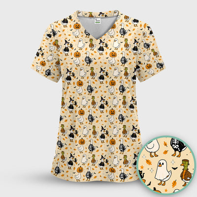 Spooky Halloween Goose Scrub Top, Comfortable Scrubs for Nurses