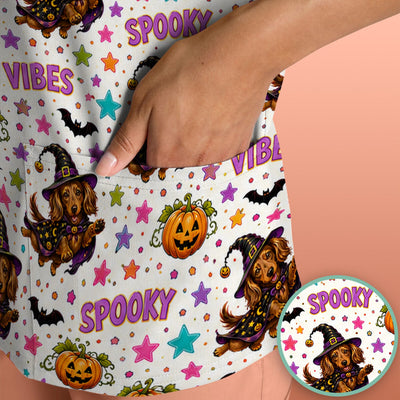 Spooky Dachshund Vibes Print Scrub Top, Comfortable Scrubs for Nurses