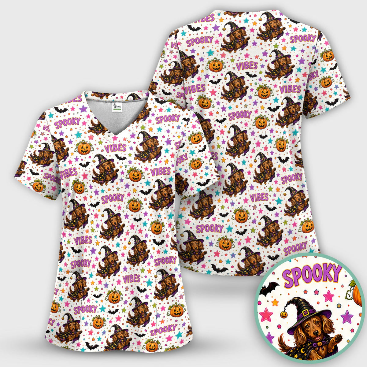 Spooky Dachshund Vibes Print Scrub Top, Comfortable Scrubs for Nurses