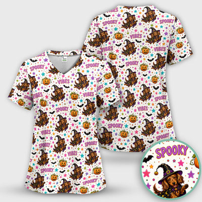 Spooky Dachshund Vibes Print Scrub Top, Comfortable Scrubs for Nurses