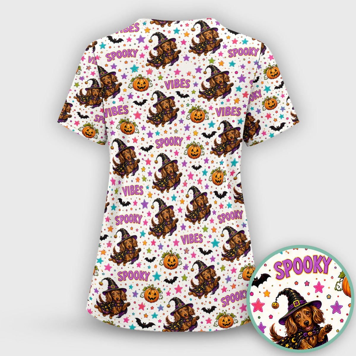 Spooky Dachshund Vibes Print Scrub Top, Comfortable Scrubs for Nurses