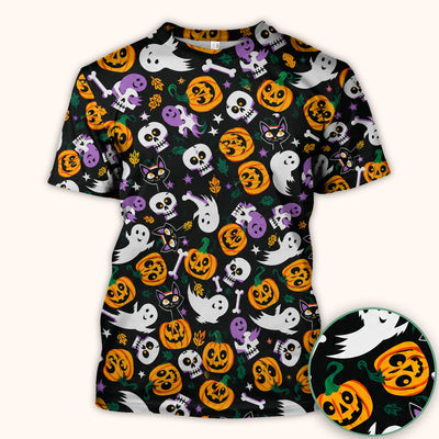 Spooky Pumpkin Ghost Print Scrub Top, Comfortable Scrubs for Nurses