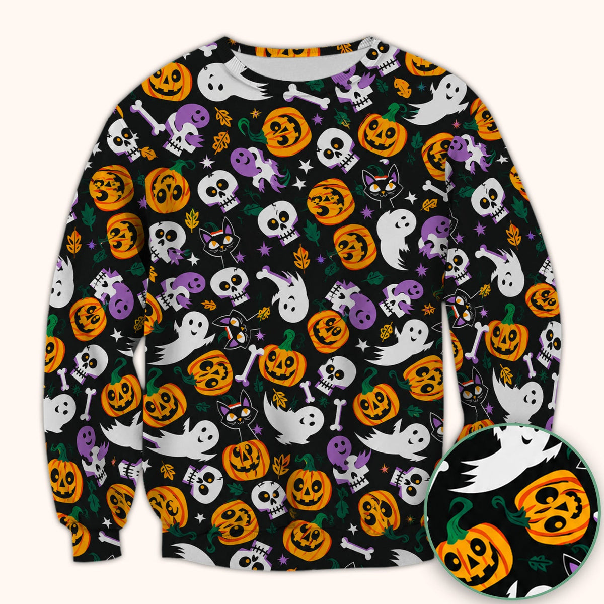 Spooky Pumpkin Ghost Print Scrub Top, Comfortable Scrubs for Nurses