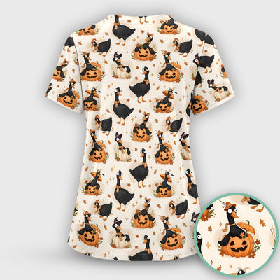 Pumpkin Black Goose Print Scrub Top, Comfortable Scrubs for Nurses
