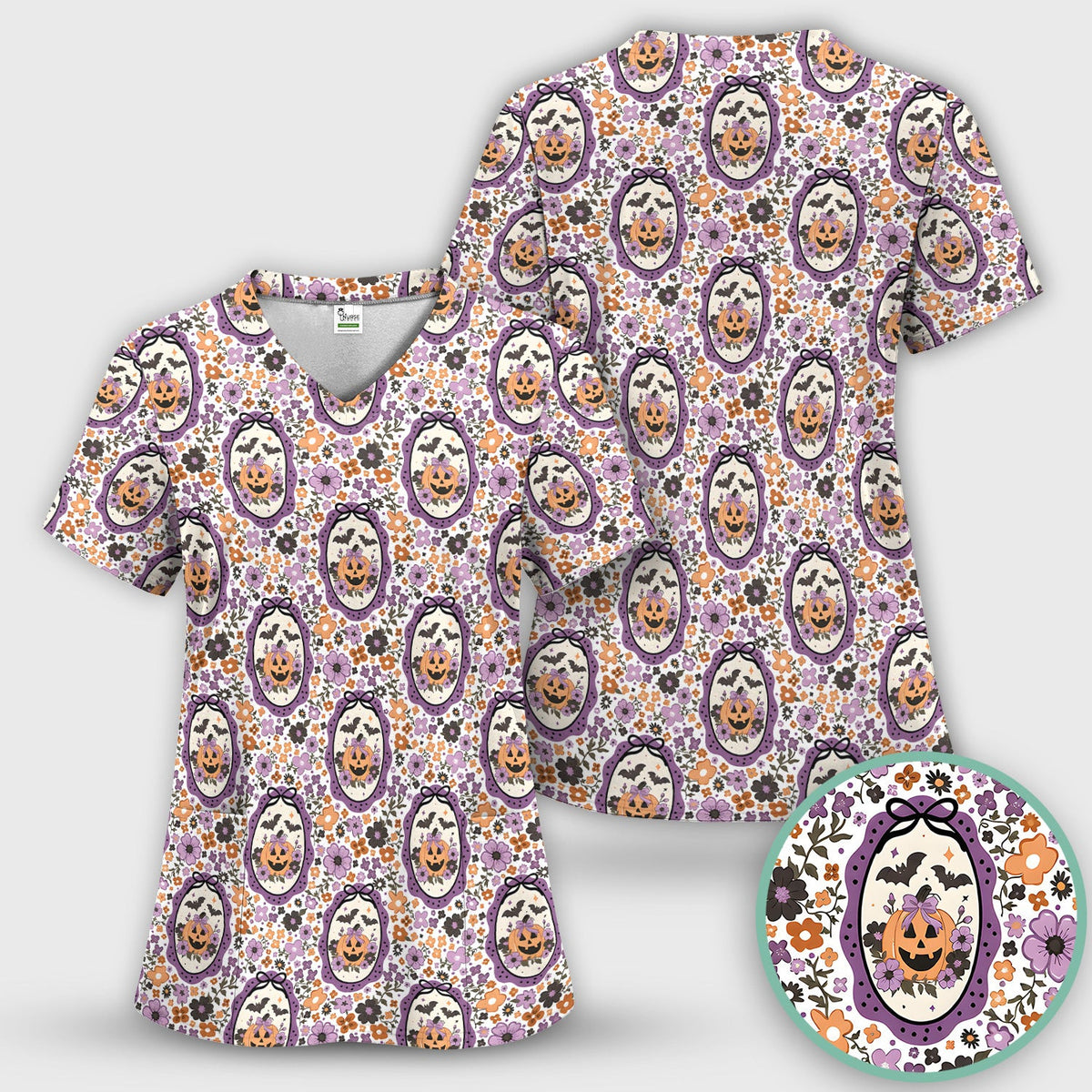 Halloween Pumpkin with Floral Print Scrub Top, Comfortable Scrubs for Nurses