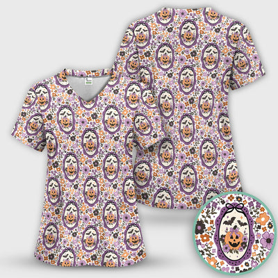 Halloween Pumpkin with Floral Print Scrub Top, Comfortable Scrubs for Nurses