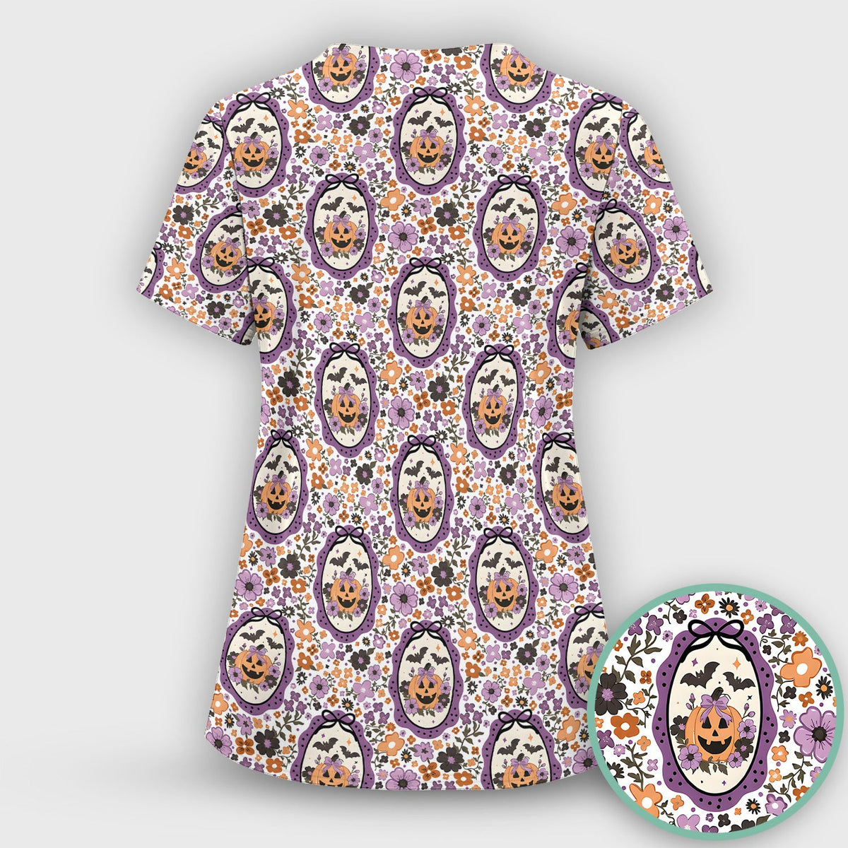 Halloween Pumpkin with Floral Print Scrub Top, Comfortable Scrubs for Nurses