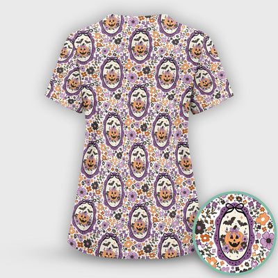 Halloween Pumpkin with Floral Print Scrub Top, Comfortable Scrubs for Nurses