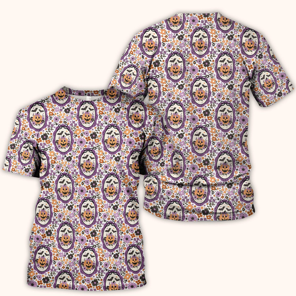 Halloween Pumpkin with Floral Print Scrub Top, Comfortable Scrubs for Nurses