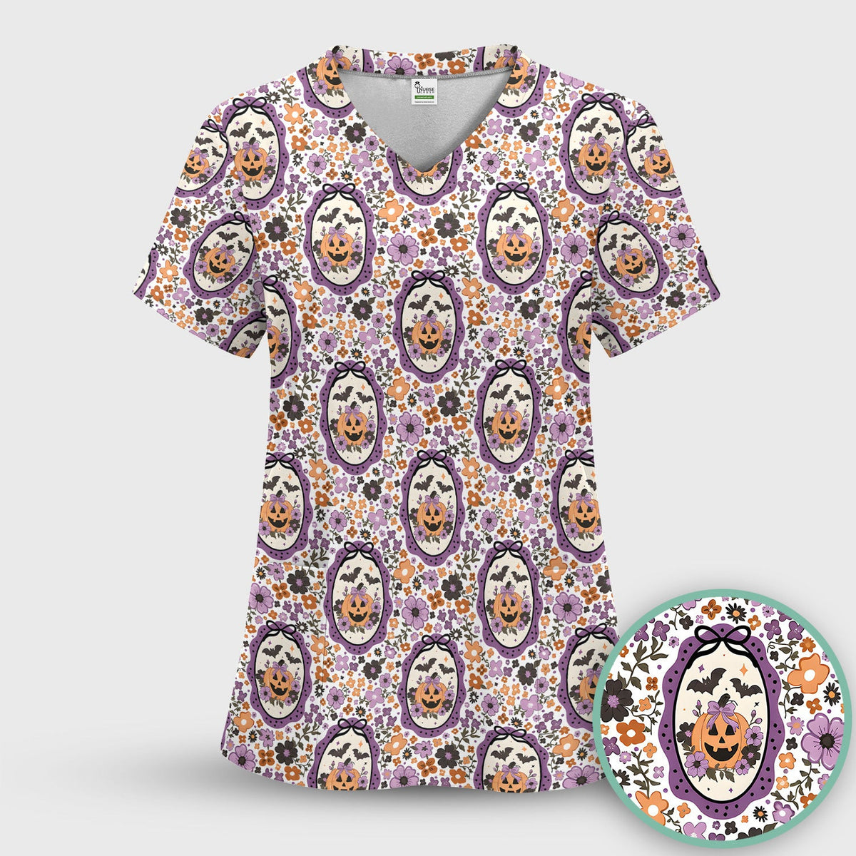 Halloween Pumpkin with Floral Print Scrub Top, Comfortable Scrubs for Nurses