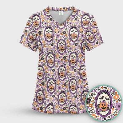 Halloween Pumpkin with Floral Print Scrub Top, Comfortable Scrubs for Nurses