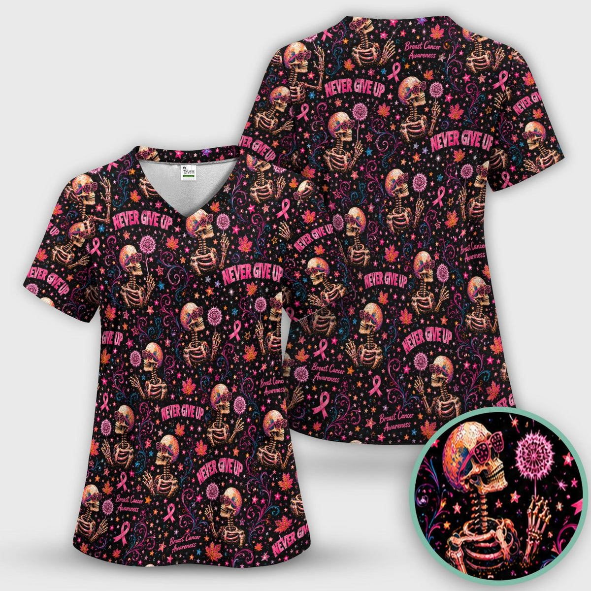 Breast Cancer Awareness Skeletons Pattern Scrub Top, Comfortable Scrubs for Nurses