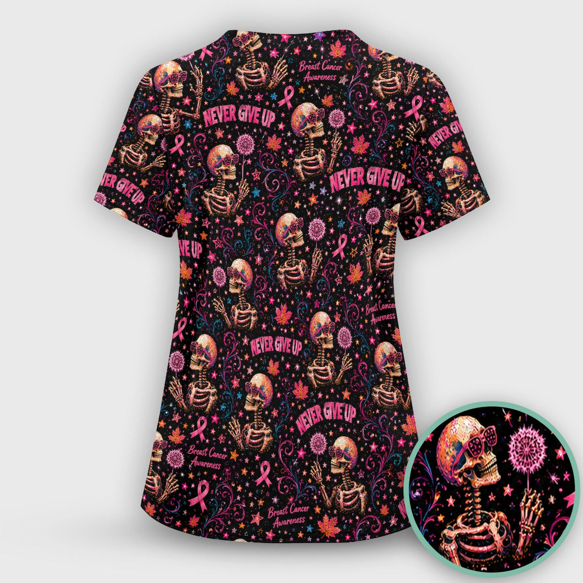 Breast Cancer Awareness Skeletons Pattern Scrub Top, Comfortable Scrubs for Nurses