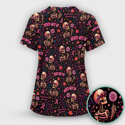 Breast Cancer Awareness Skeletons Pattern Scrub Top, Comfortable Scrubs for Nurses