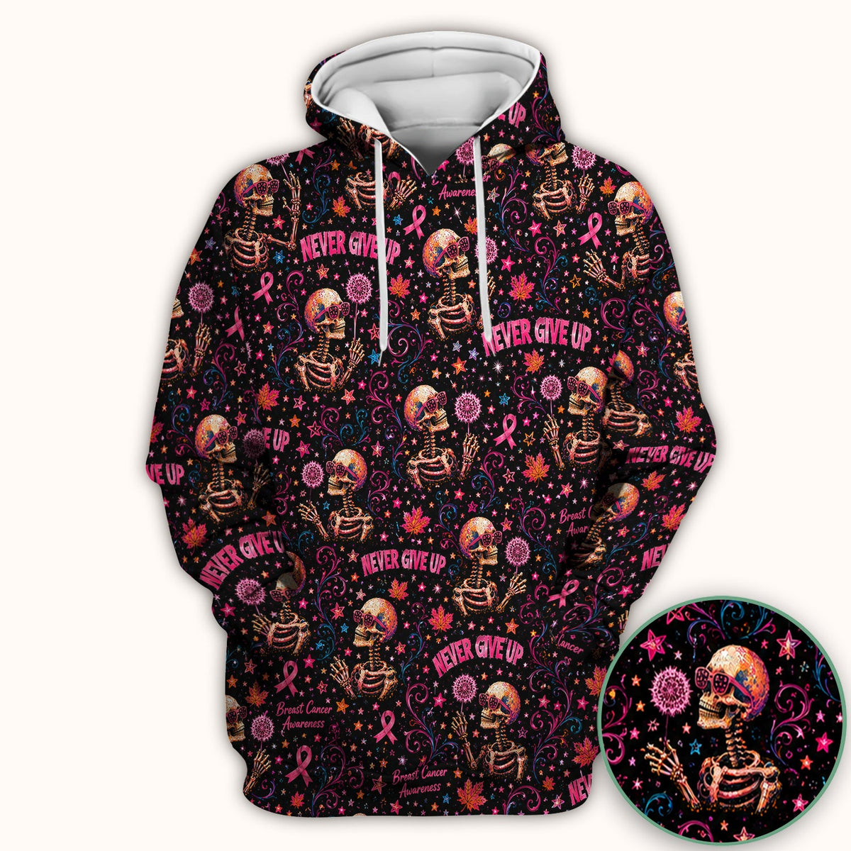 Breast Cancer Awareness Skeletons Pattern Scrub Top, Comfortable Scrubs for Nurses
