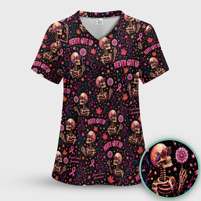 Breast Cancer Awareness Skeletons Pattern Scrub Top, Comfortable Scrubs for Nurses