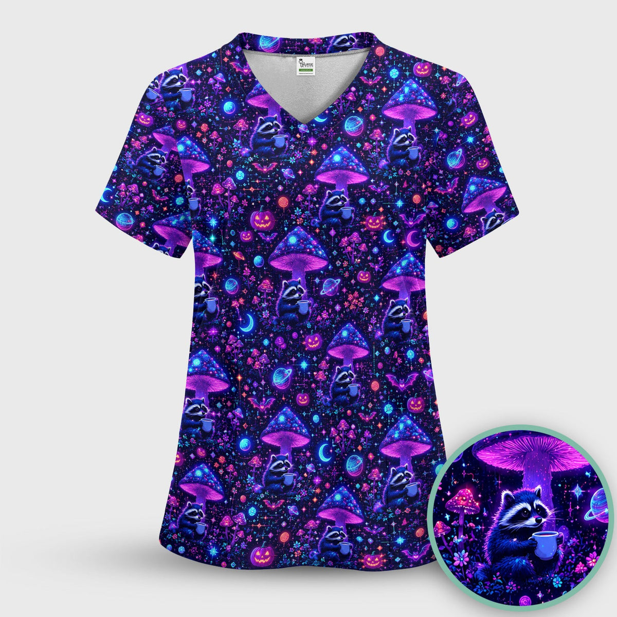 Halloween Raccoon And Mushrooms Scrub Top, Comfortable Scrubs for Nurses