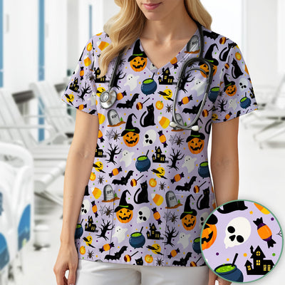 Ghost Pumpkin Witch Pattern Scrub Top, Comfortable Scrubs for Nurses