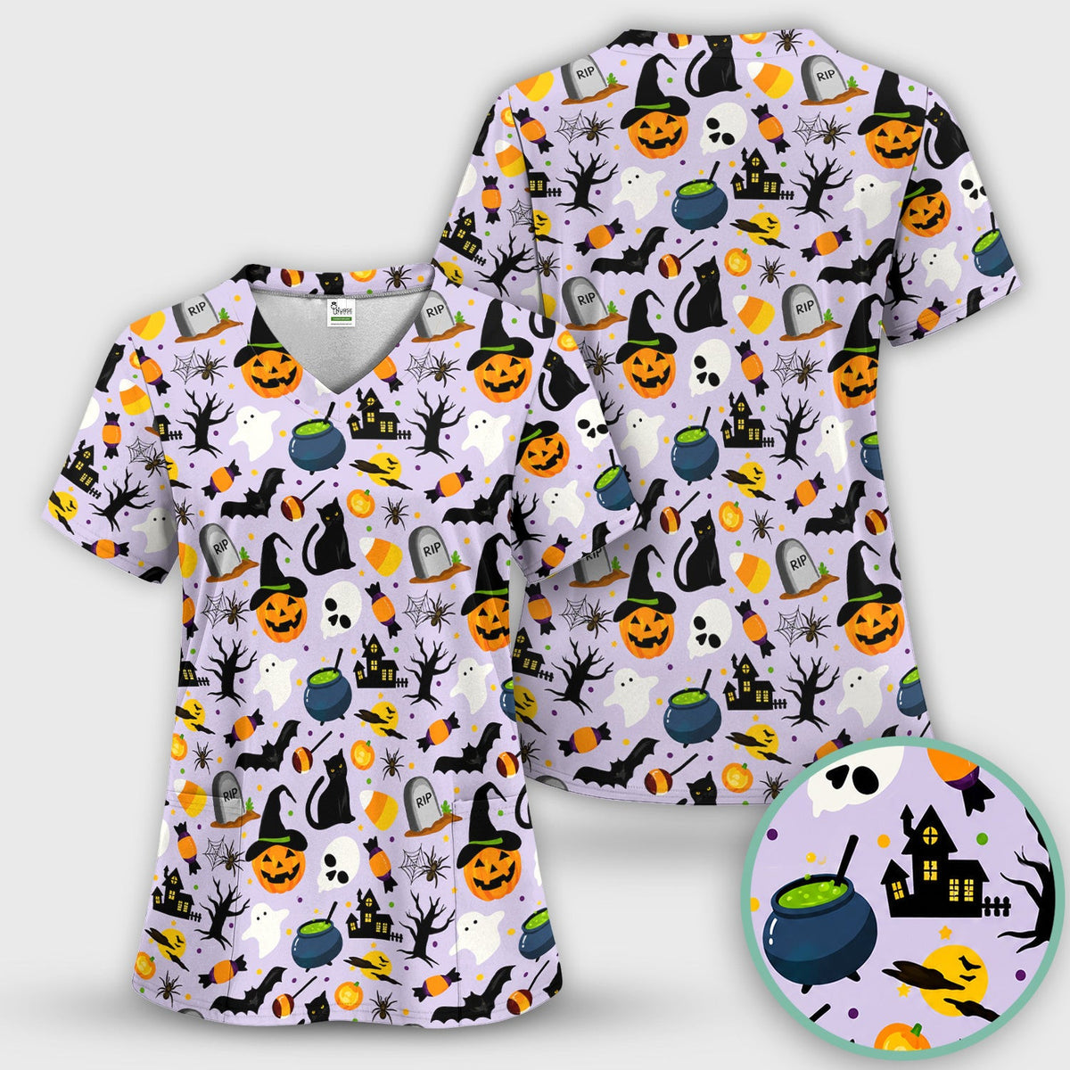 Ghost Pumpkin Witch Pattern Scrub Top, Comfortable Scrubs for Nurses
